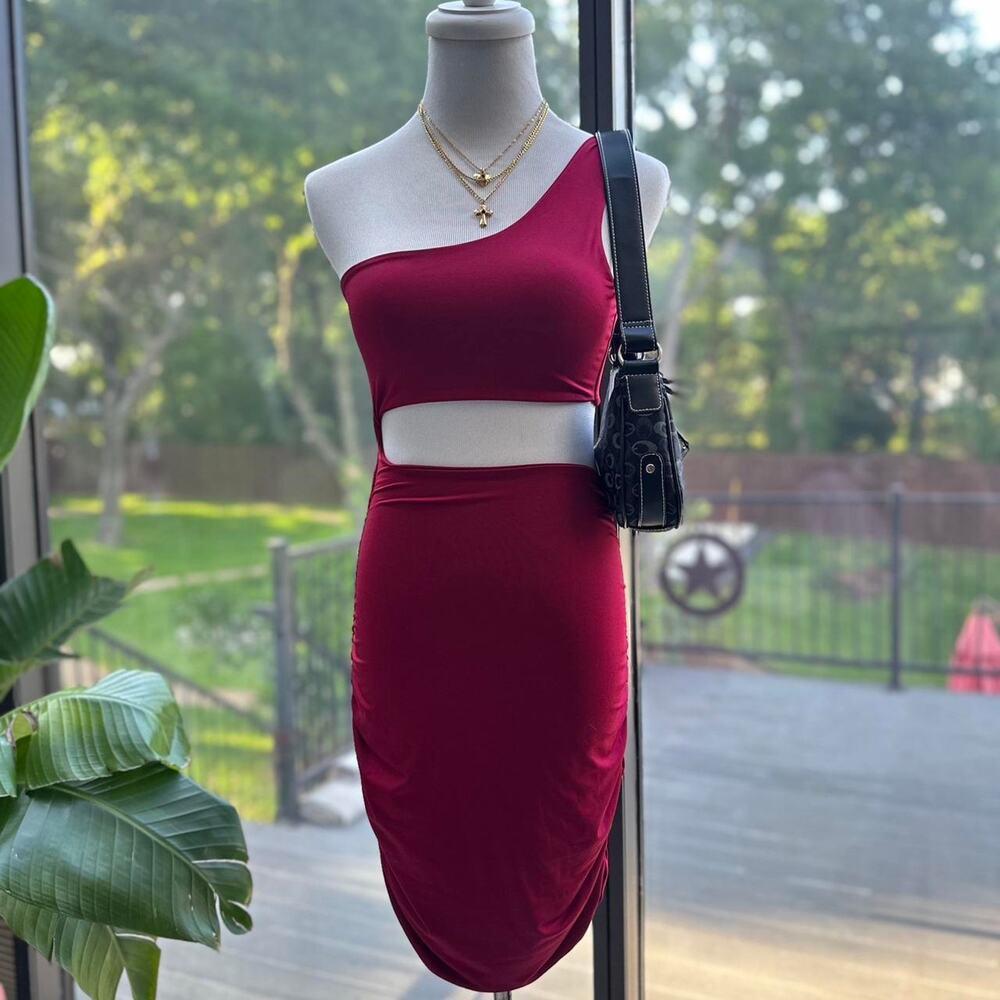 Red Bodycon Cut Out Midi Dress Party Going Out